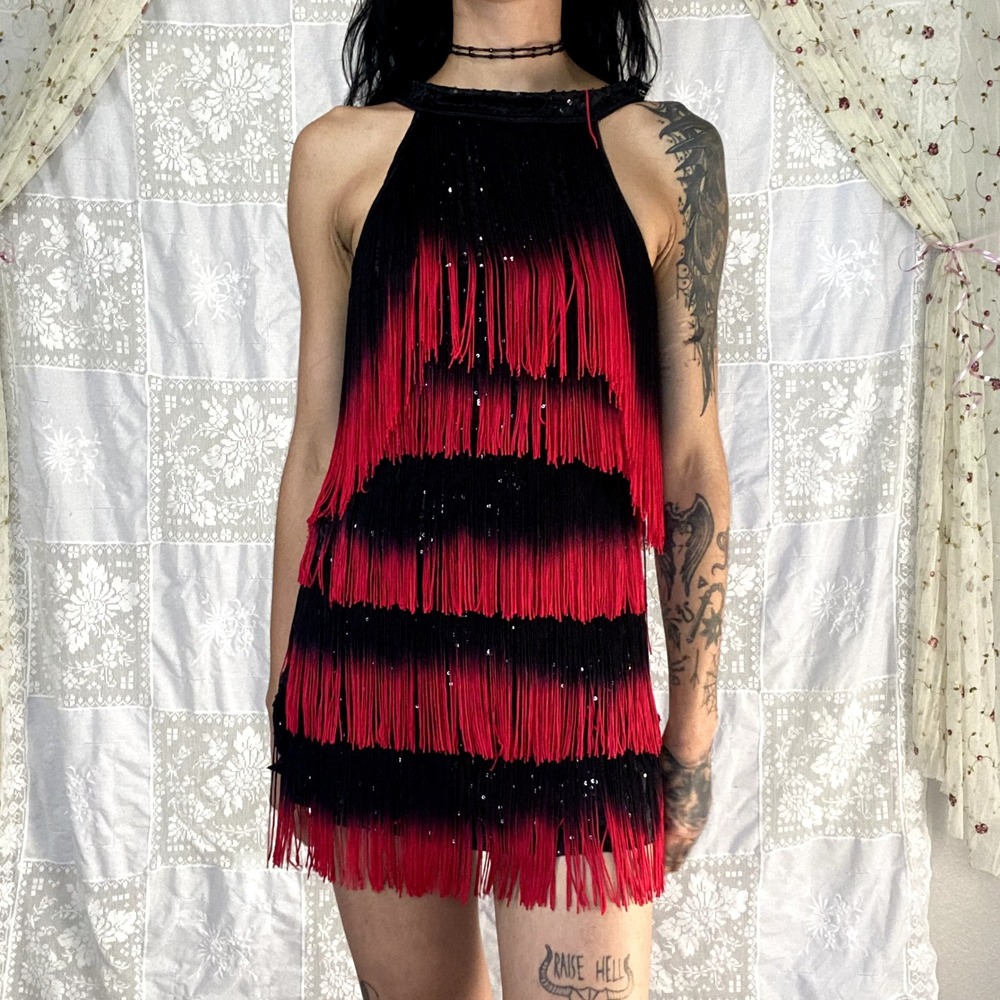 Red Black Ombre Fringe Flapper Dress Sequin Halter Gatsby Latin Dance Sz S/M - Picture 7 of 15